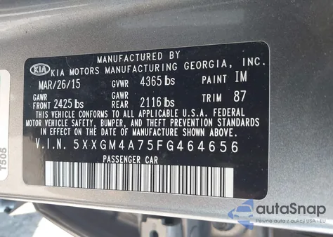 2015 Kia Optima Lx from USA, damaged, VIN 5XXGM4A75FG46456